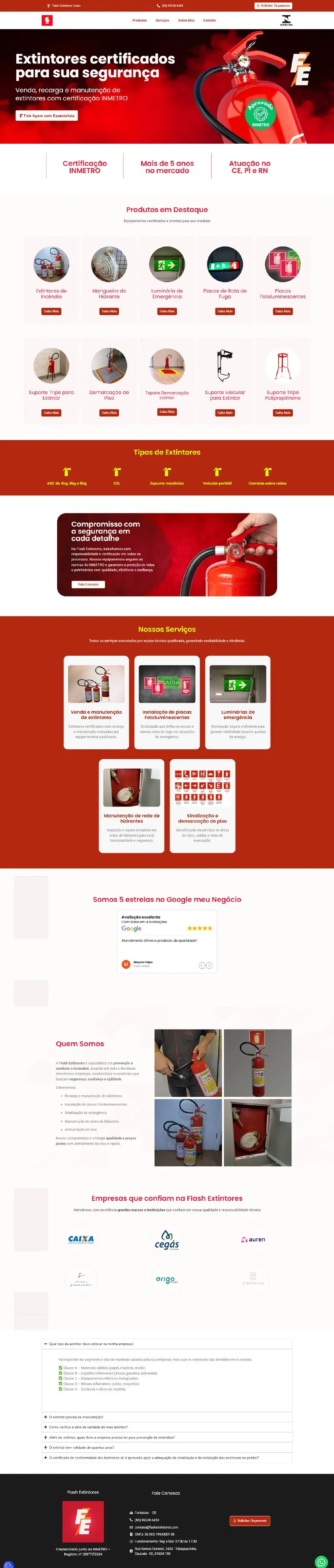 Landing page da Flash Extintores, do topo com a oferta de extintores certificados até o rodapé com contato